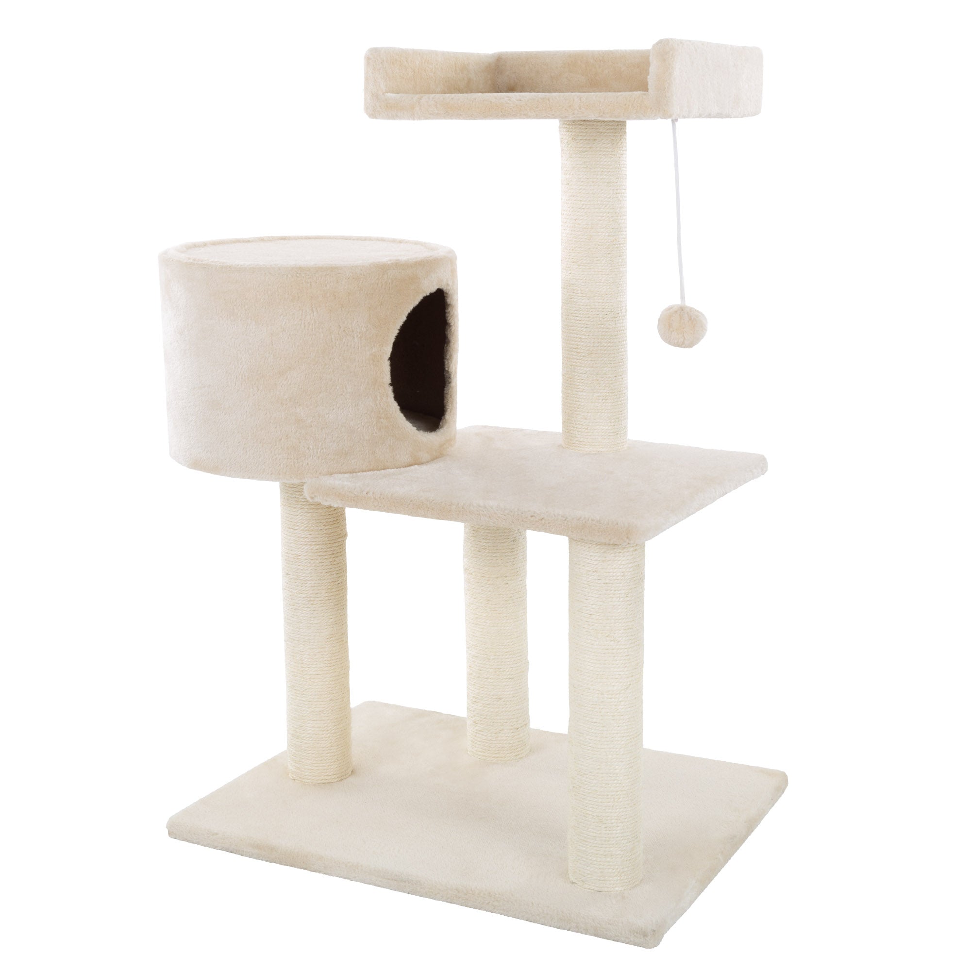 3-Tier Cat Tower - 2 Napping Perches， Cat Condo， 4 Sisal Rope Scratching Posts， Hanging Toy – Cat Tree for Indoor Cats and by PETMAKER (Beige)