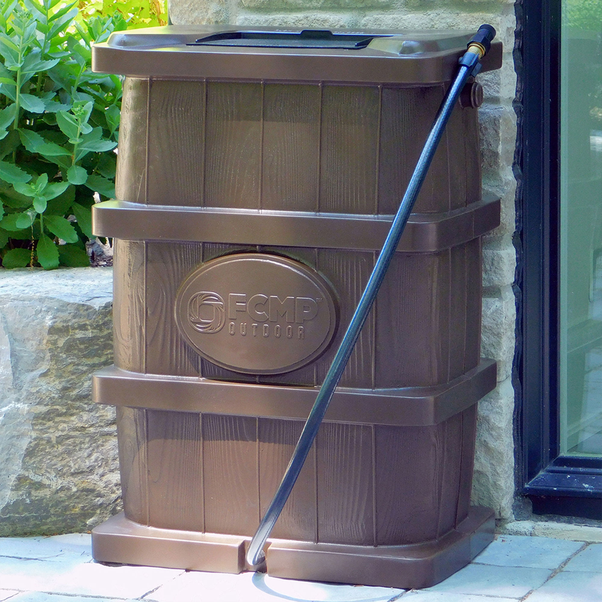 FCMP Outdoor WG4000 45 Gallon Wood Grain Rain Water Catcher Barrel， Brown