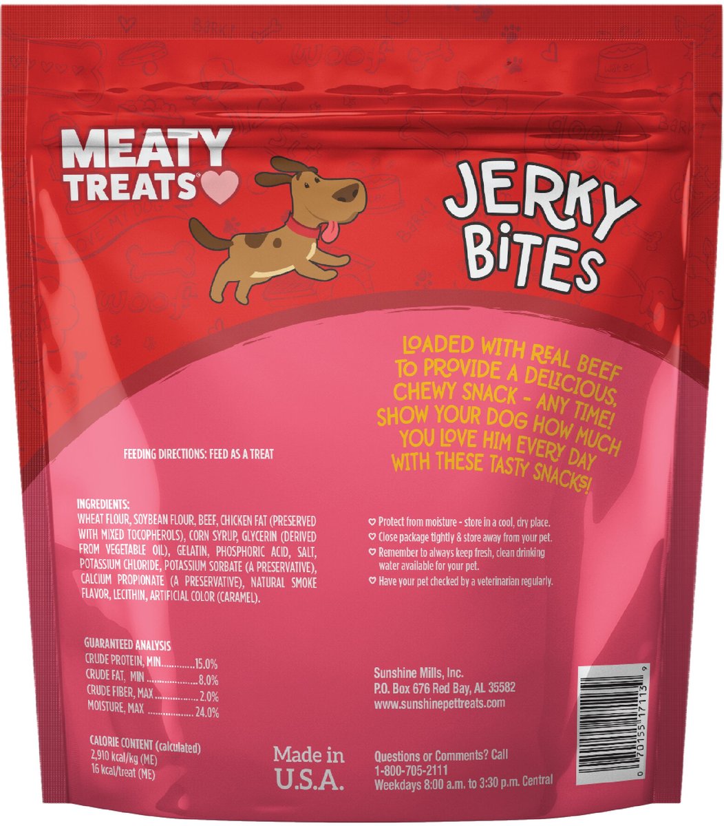 Meaty Treats Jerky Bites Beef Flavor Soft and Chewy Dog Treats， 25-oz bag