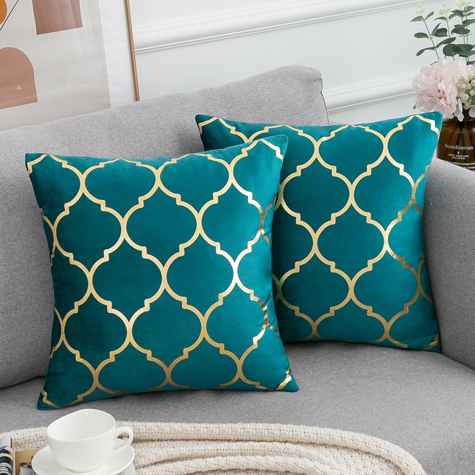 Decorative Throw Pillow Covers Moroccan Quatrefoil Geometric Bronzing Printed Cushion Covers Geometric Design Pillowcase for Sofa Couch Chair Bed Home Deco, Teal, 18 x 18 Inches