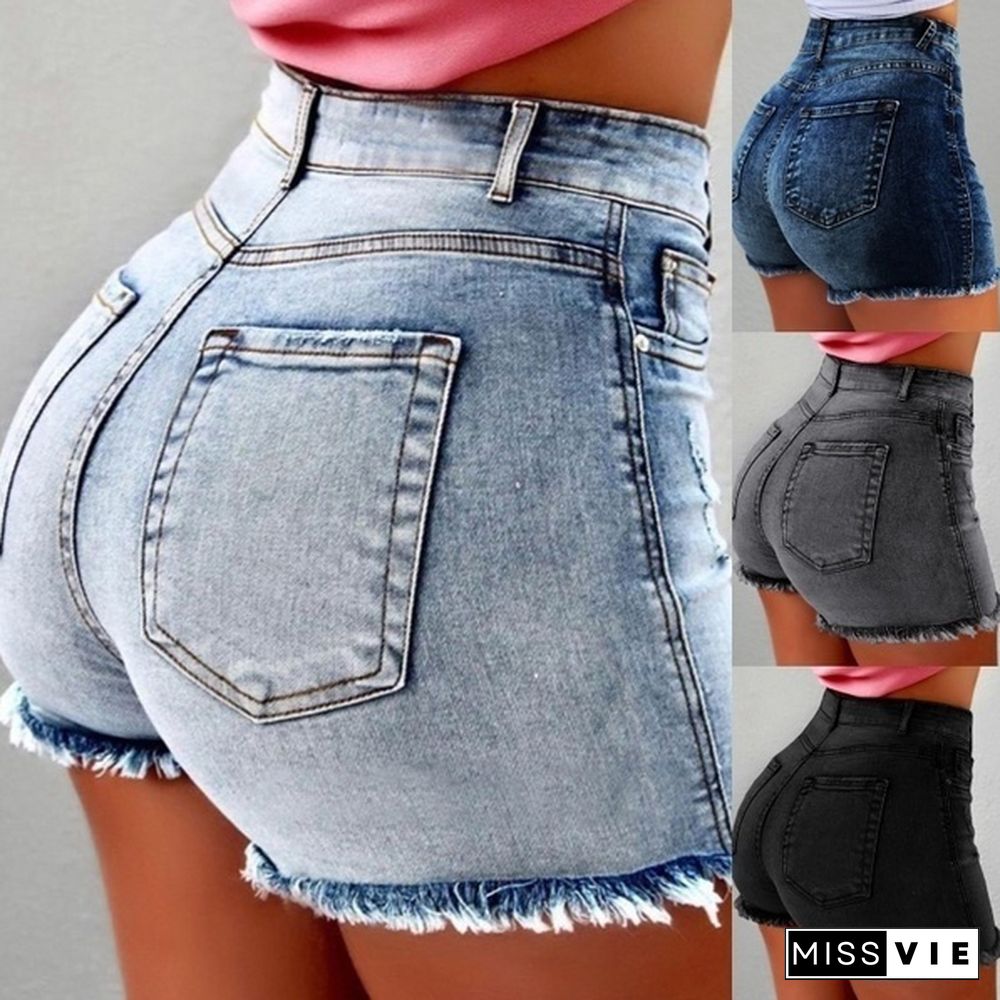 Summer Women's Fashion Causal Stretchy Denim High Waist Beach Shorts Washed Jeans Pants