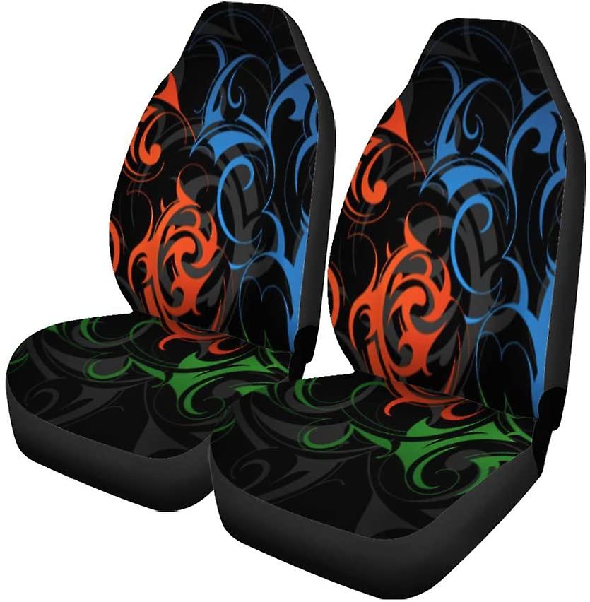 Set Of 2 Car Seat Covers Tribal Maori Abstract Abstraction Black Curves Elegant Floral Universal Auto Front Seats Protector Fits