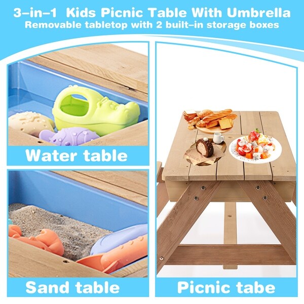 3in1 Kids Outdoor Wooden Picnic Table With Umbrella