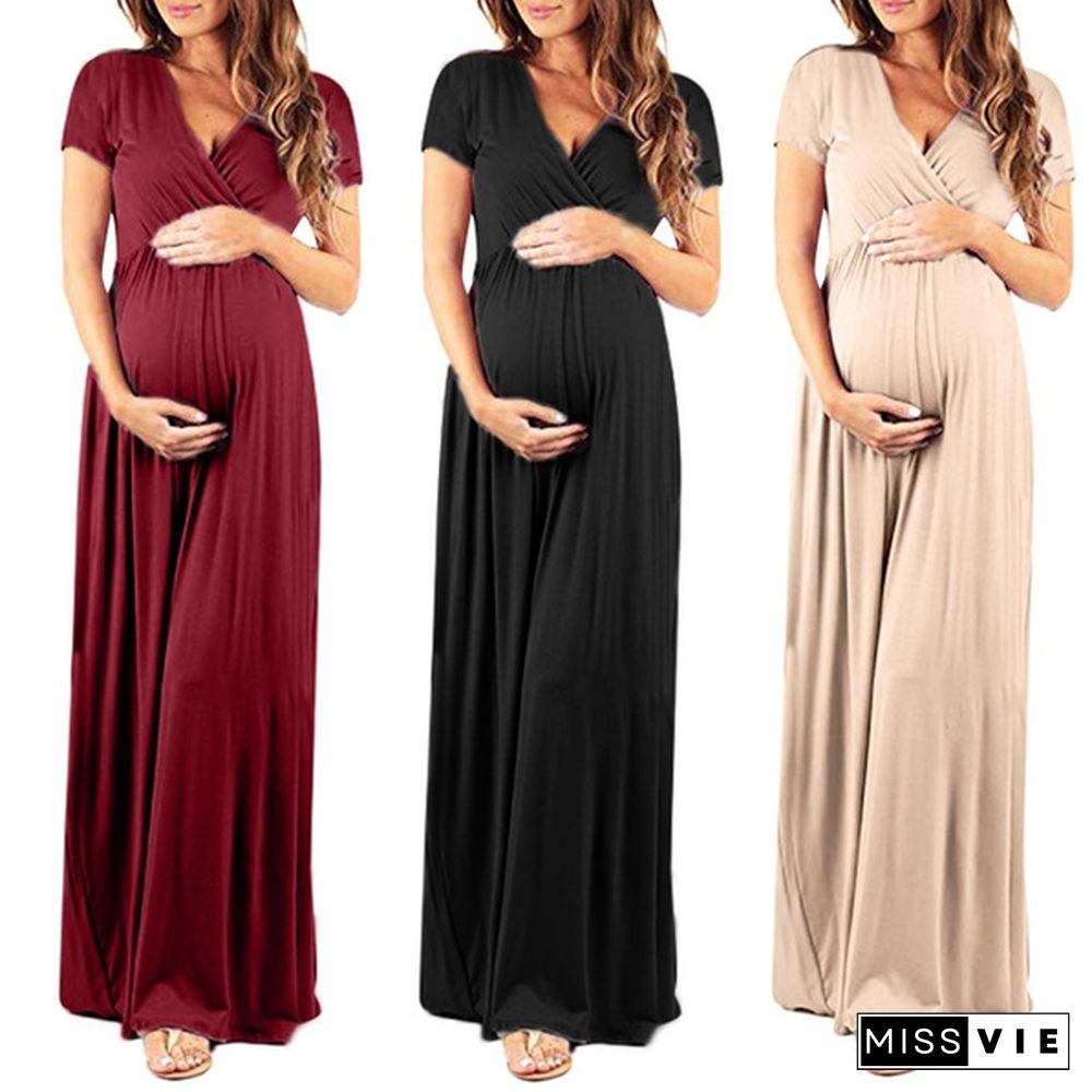 Women's Pregnancy V Collar Short Sleeve Dress Maternity Lady's Sundress Clothes