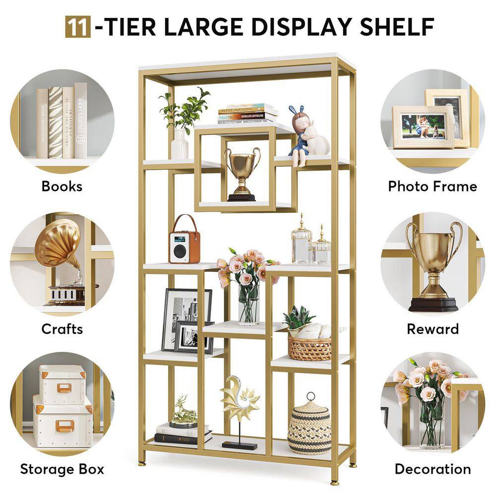 TRIBESIGNS WAY TO ORIGIN Frailey 71 in. Gold White Tall 11-Tier Large Open Display Bookshelf Geometric Cubed Bookcase Modern Storage Home Office HD-XK00191-WZZ