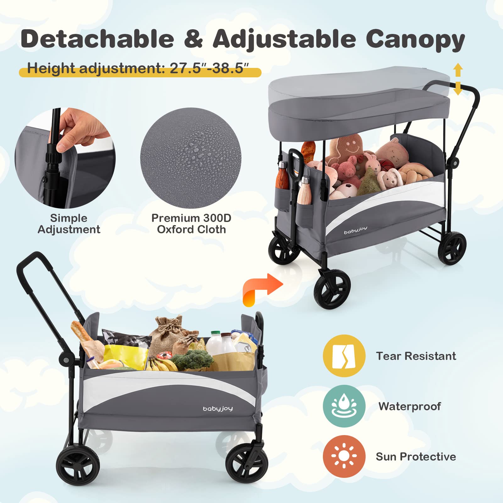 Collapsible Wagon Stroller for 2 Kids & Cargo, Push Pull Double Stroller