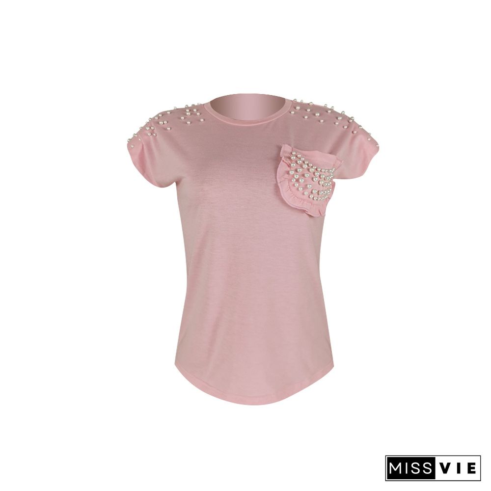 High Stretch Beaded Short Sleeves Round Neck Patchwork T-shirt