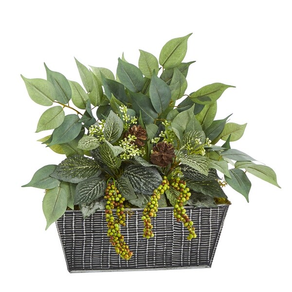 14 Mixed Ficus and Fittonia Artificial Plant in Embossed Tin Planter