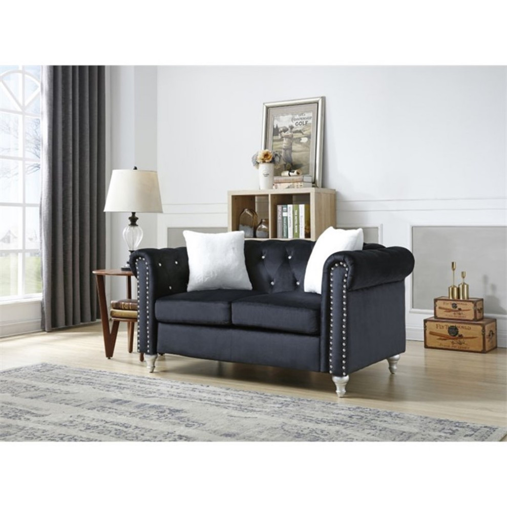 Maklaine 19 quotContemporary Soft Velvet Upholstered Loveseat in Black   Traditional   Loveseats   by Homesquare  Houzz