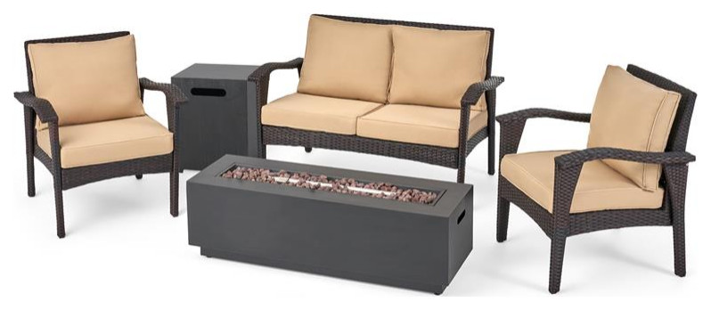 Noble House Kahala Outdoor 4 Seater Wicker Chat Set with Fire Pit Brown and Tan   Tropical   Outdoor Lounge Sets   by Homesquare  Houzz