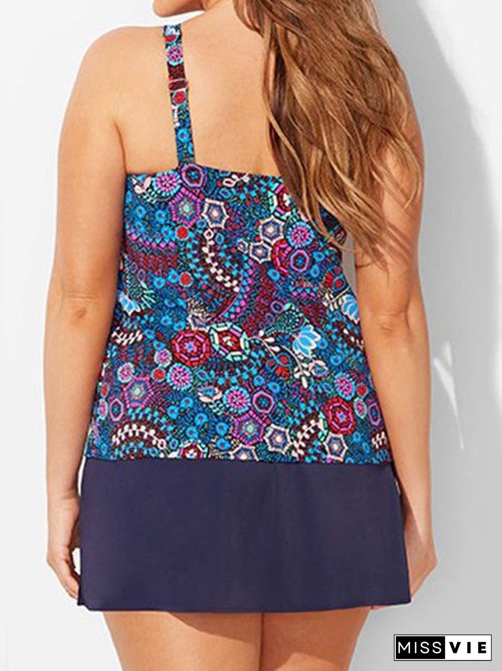 Plus Size Swimwear Sleeveless Bright Floral Printed Lace-up Tankini