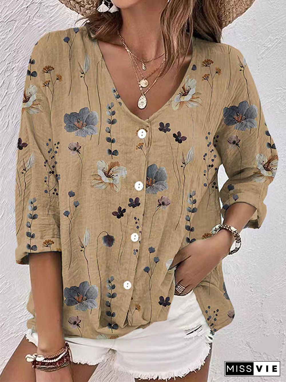 Long Sleeves Loose Buttoned Flower Print V-Neck Blouses&Shirts Tops