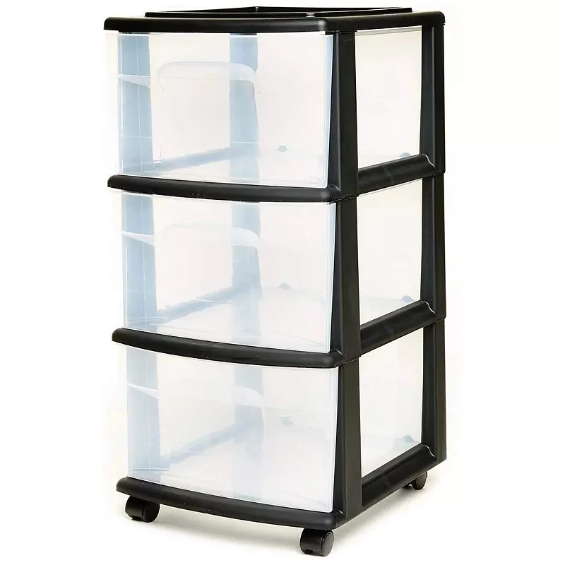 Homz Plastic 3 Drawer Medium Home Storage Container， Clear Drawers and Black Frame