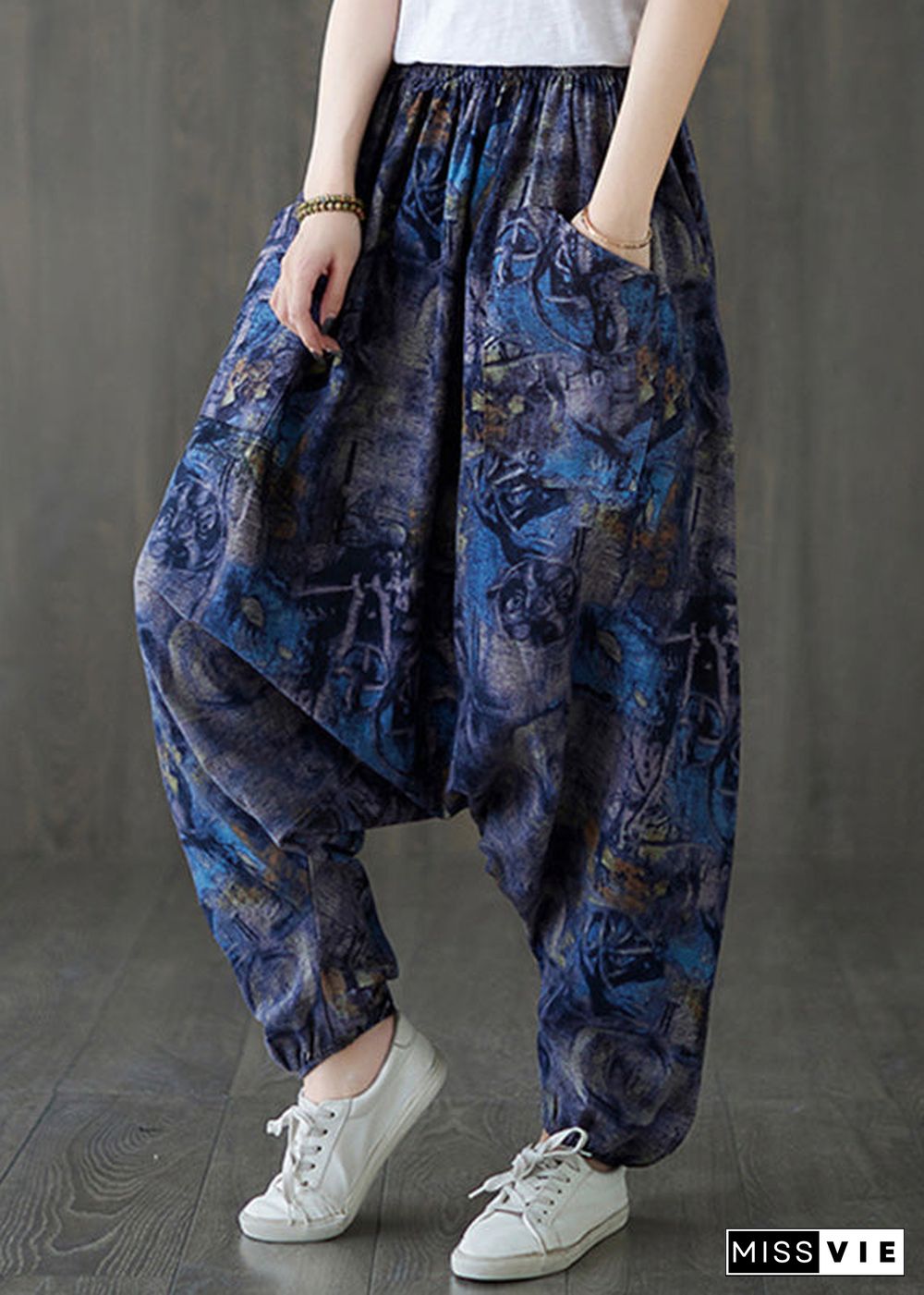 Blue Elastic Waist Loose Lantern Pants Summer