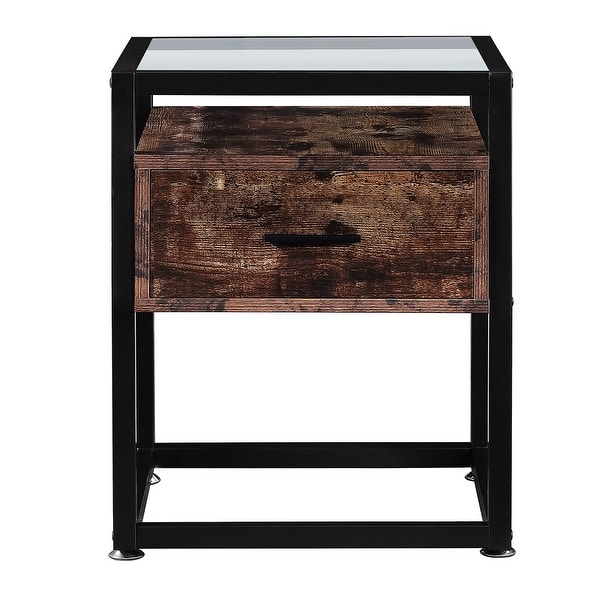 Ledel Industrial 1-Drawer End Table Side Table Nightstand with Glass Top