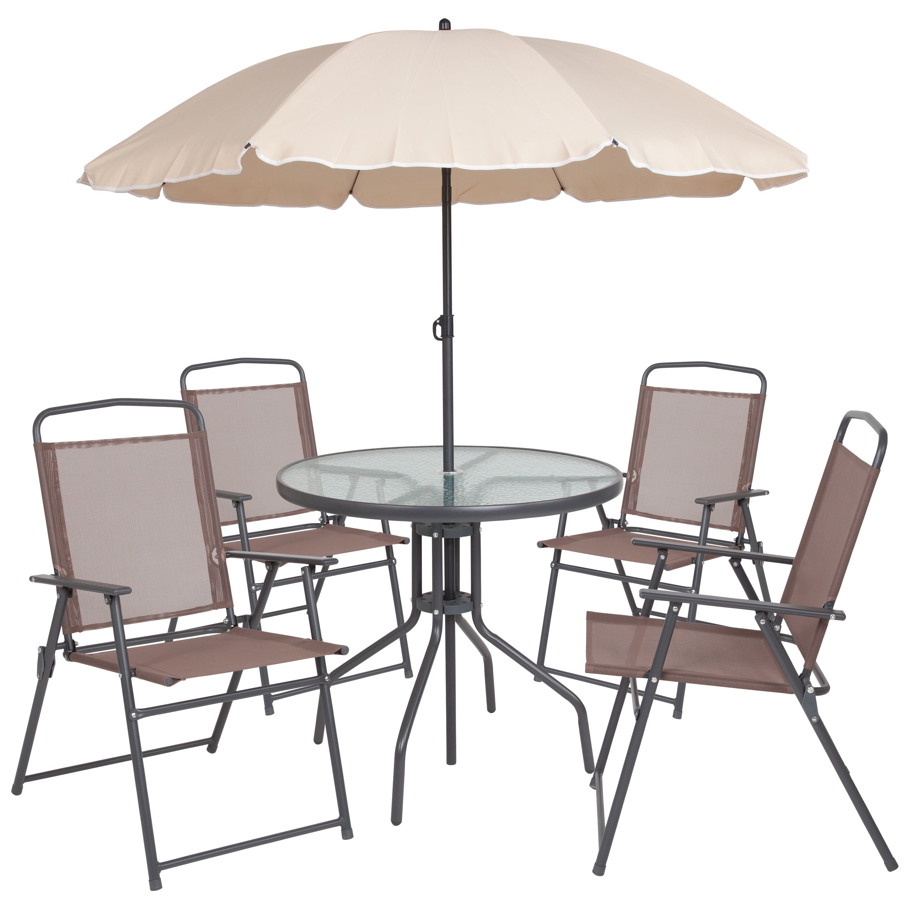 BizChair 6 Piece Brown Patio Garden Set with Umbrella Table and Set of 4 Folding Chairs