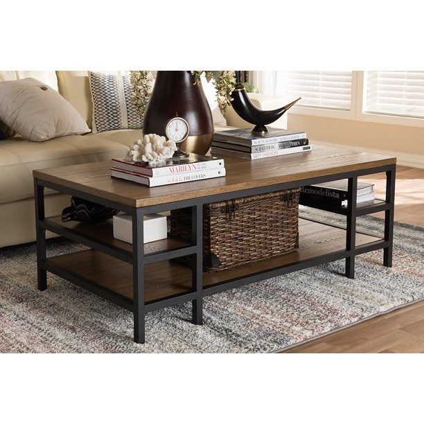 Rustic Industrial Coffee Table  Metal Frame With Open Shelves for Storage Space   Industrial   Coffee Tables   by Declusia  Houzz