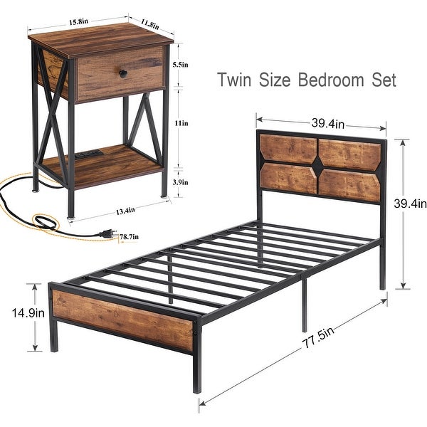 Industrial 3-Piece Platform Bed Frame and Charging Station USB Port Nightstands Set of 2 Rustic Brown - - 36714347