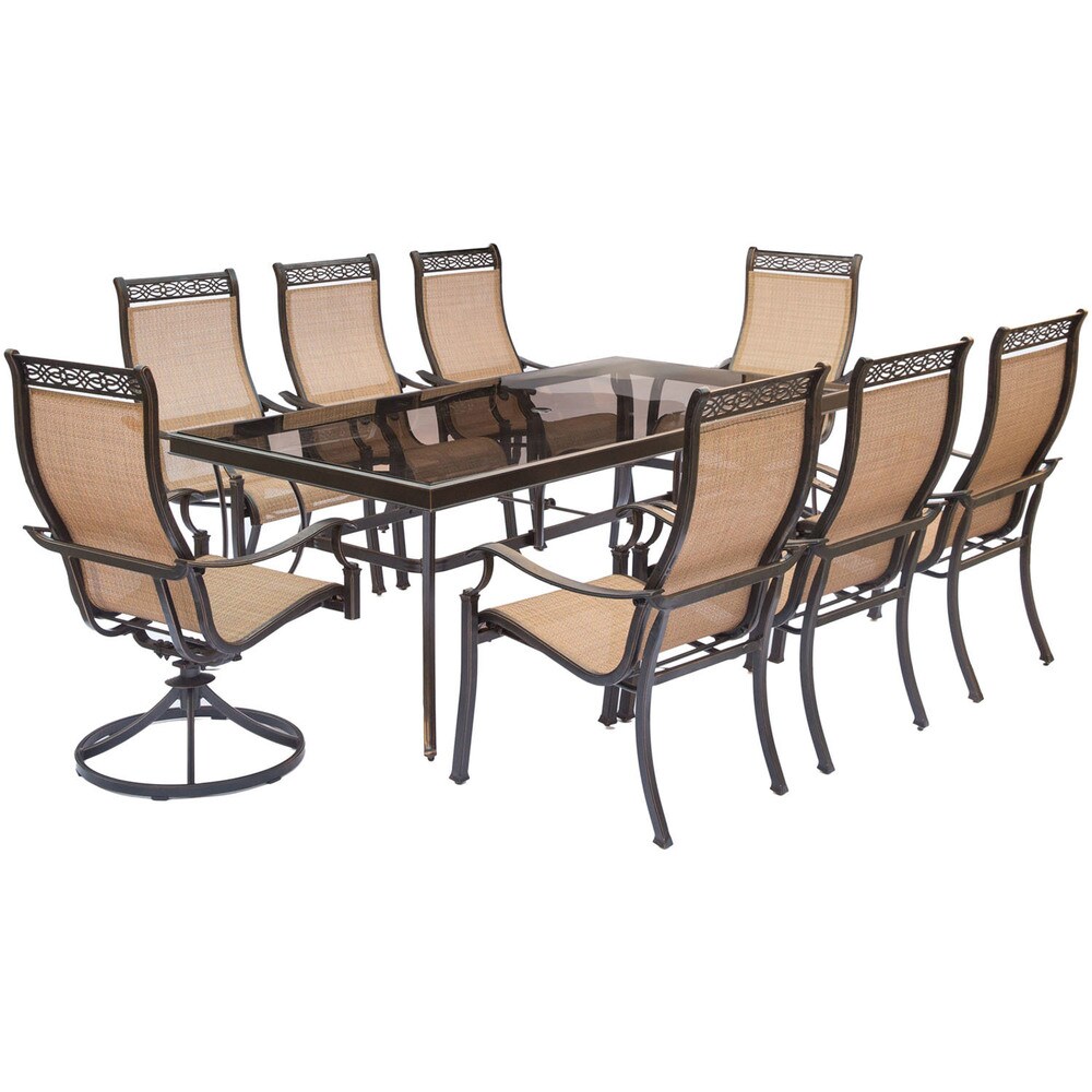 Hanover Monaco 9 Piece Dining Set with Six Dining Chairs  Two Swivel Rockers  and an Extra Long 42 In. x 84 In. Dining Table