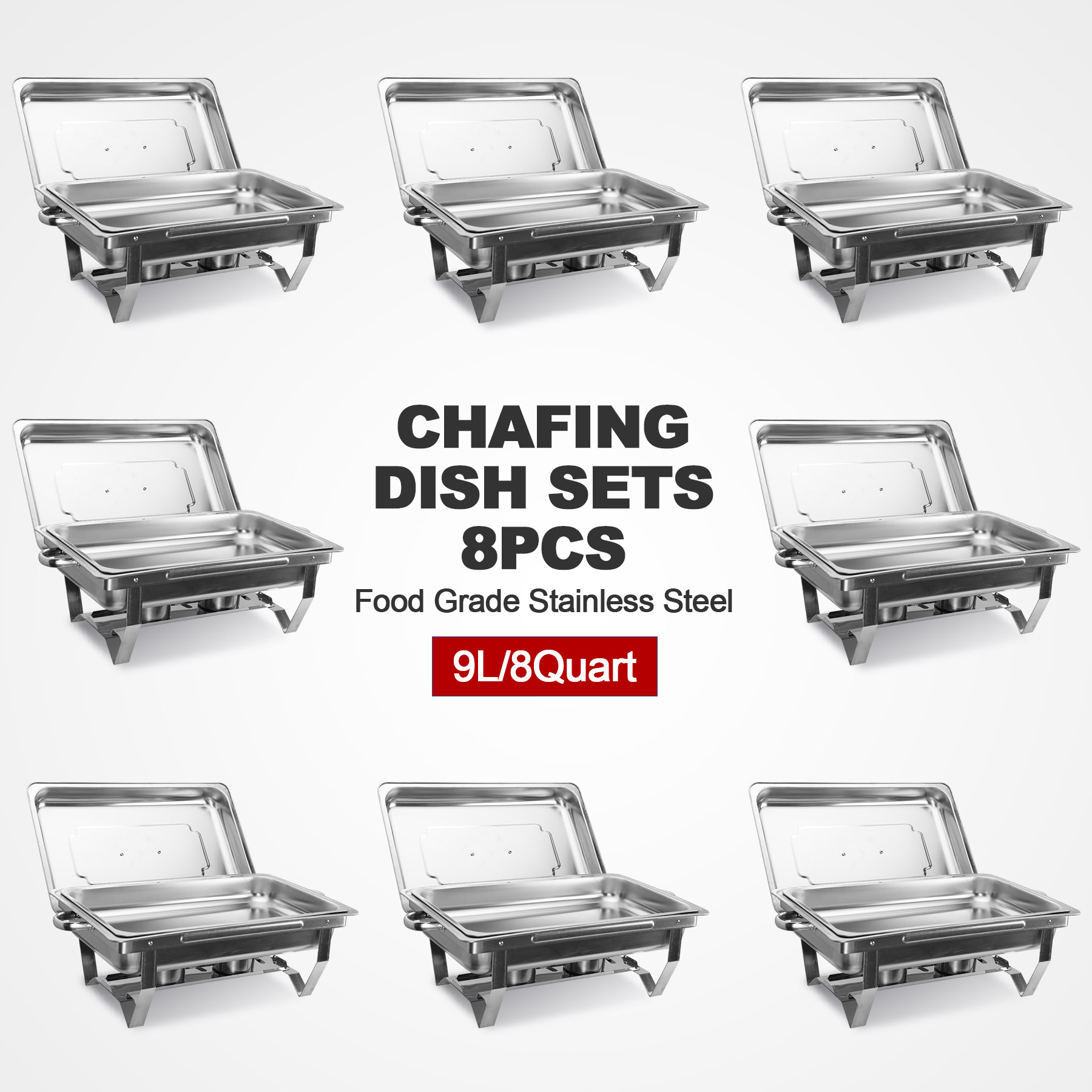 Wilprep 8Pack 9L/8Q Chafer Chafing Dish Sets Stainless Steel Catering Pans Food Warmer