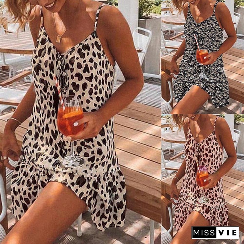 Women Fashion V-neck Leopard Print Sleeveless Dress Summer Casual Mini Tank Dress