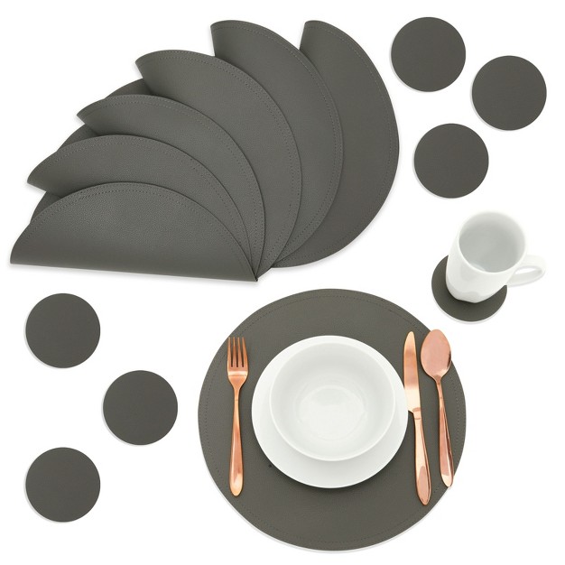 Juvale Set Of 6 Faux Leather Round Placemats And 6 Circle Coasters For Dining Table Dark Gray