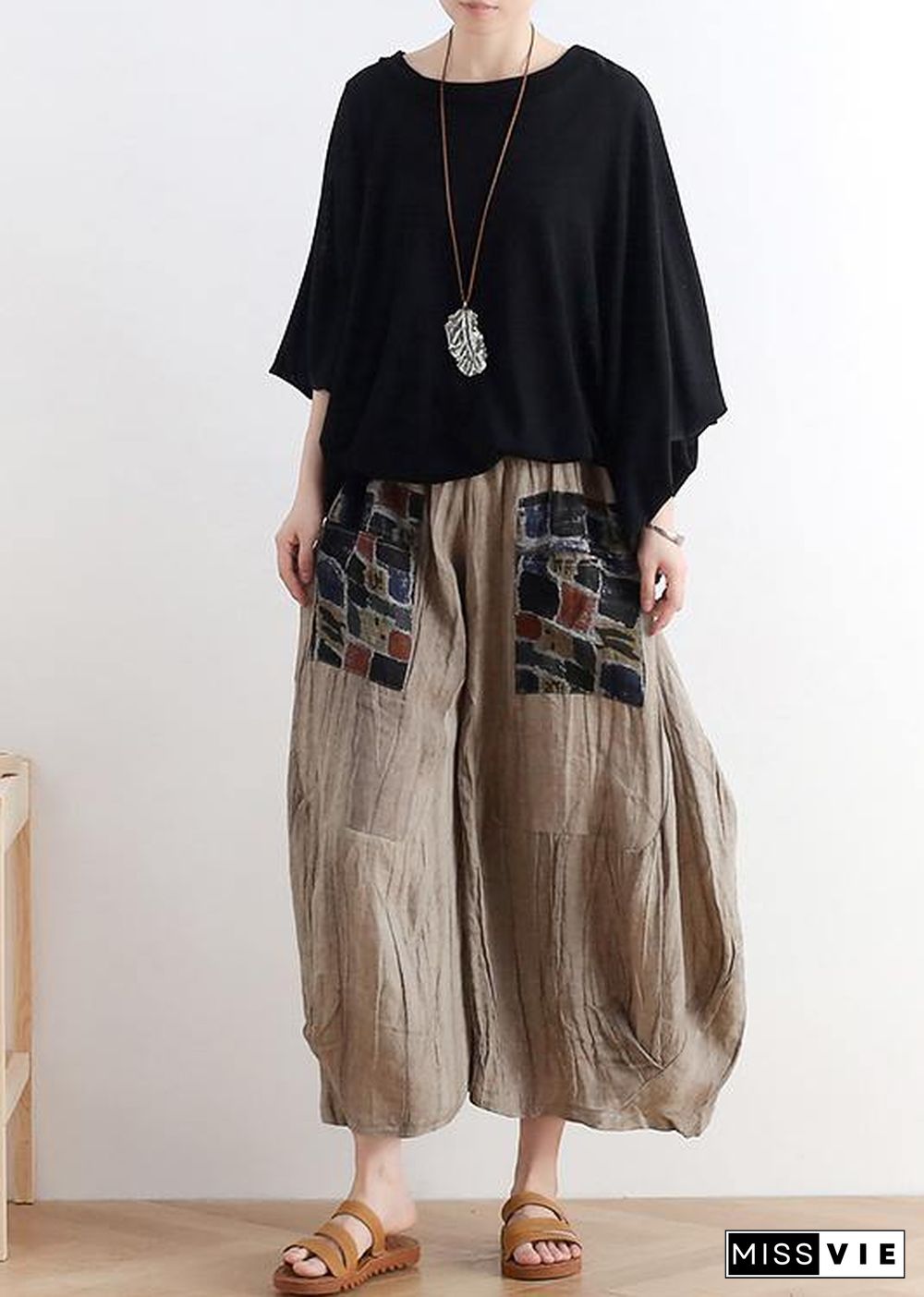 summer original design linen nude patch retro wide-leg pants