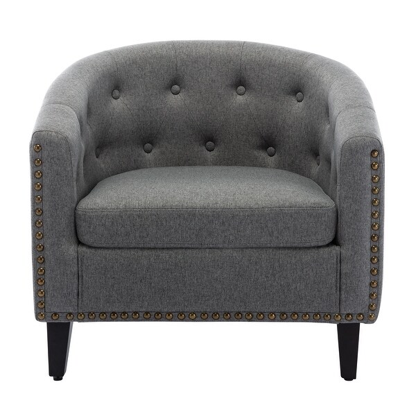 Chesterfield-Inspired Tufted Button Barrel Chair， Accent Chair Club Chair with Solid Wood Frame for Living Room， Grey+Linen