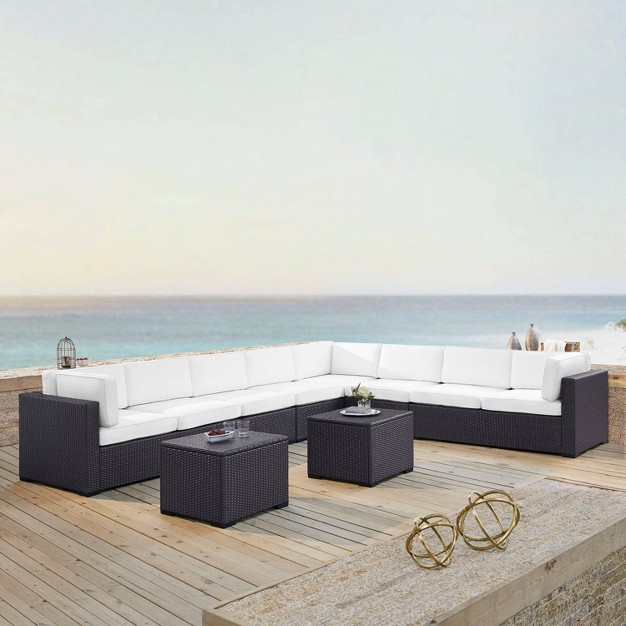 Biscayne 7pc Outdoor Wicker Sectional Set With 2 Coffee Tables amp 3 Corner Seats White Crosley