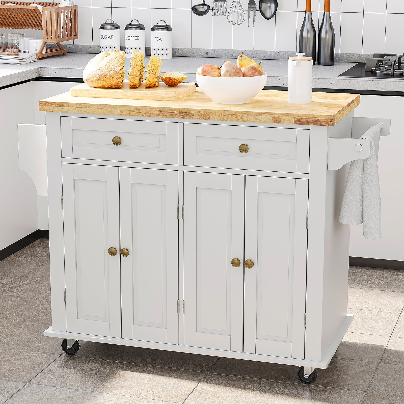 CAIDI Rolling Kitchen Island， Kitchen Cart with Rubber wood Countertop， Lockable Casters， Adjustable Shelves， Matte(White-43.3