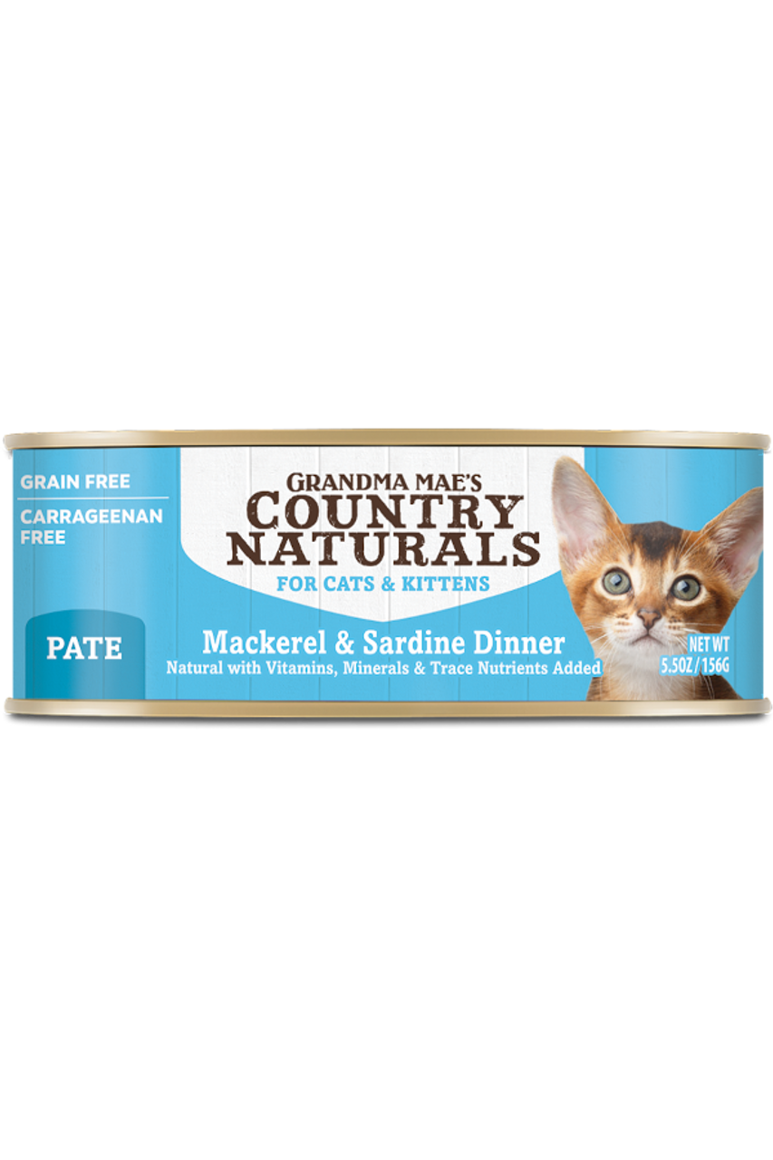 Grandma Mae's Country Naturals Grain Free Mackerel and Sardine Canned Cat and Kitten Food， 5.5oz.