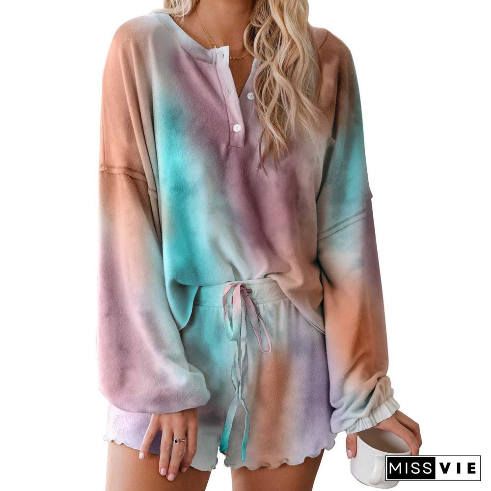 Aesthetic Pastel Tie Dye Knit Pullover Top And Scalloped Ruffle Knit Shorts Sets