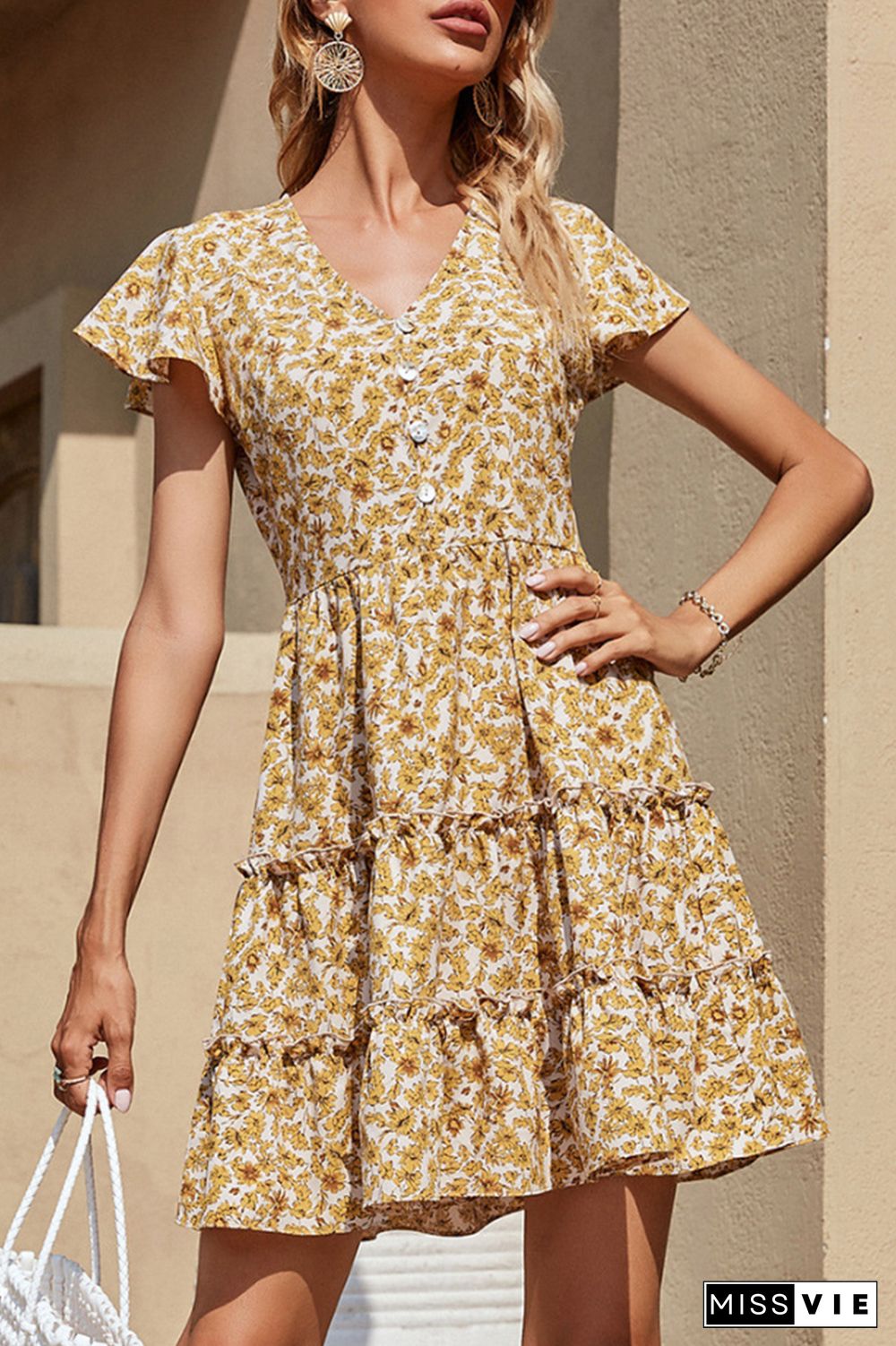 Fashion Elegant Floral Buckle Flounce V Neck A Line Dresses