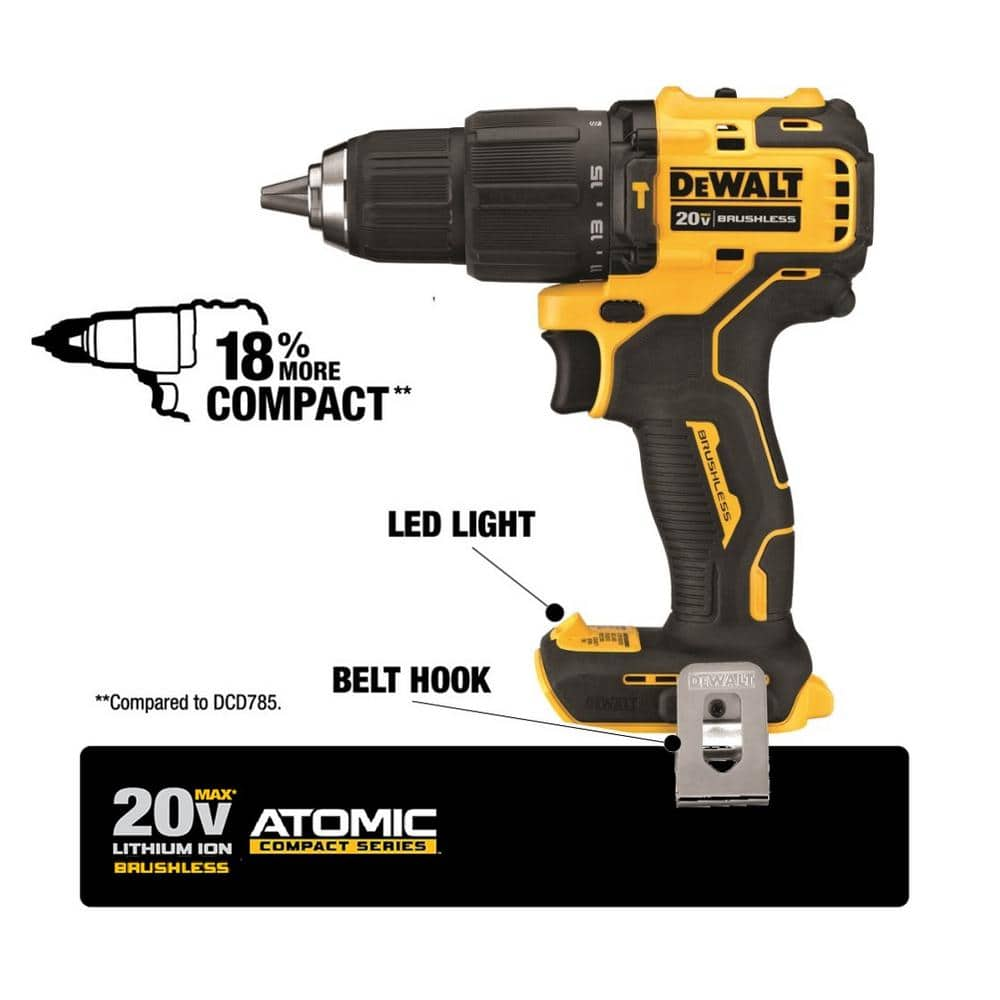 DEWALT DCD709C2 ATOMIC 20V MAX Cordless Brushless Compact 1/2 in. Hammer Drill， (2) 20V 1.3Ah Batteries， Charger， and Bag