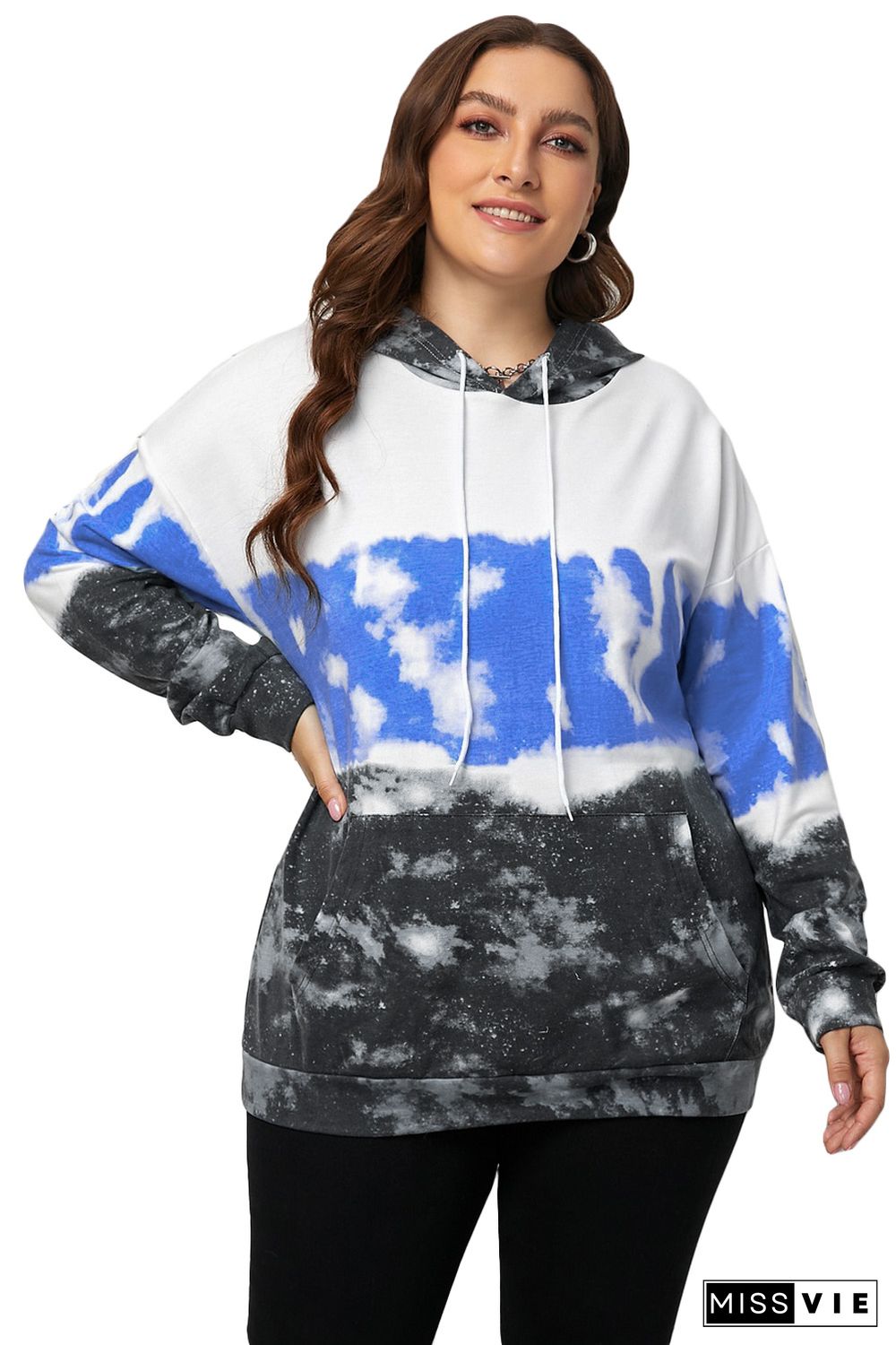 Blue Gradient Colorblock Pullover Plus Size Hoodie