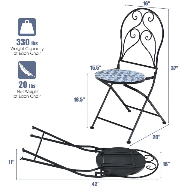 Costway 2pcs Patio Folding Mosaic Bistro Chairs Blue Flower Pattern Seat Garden