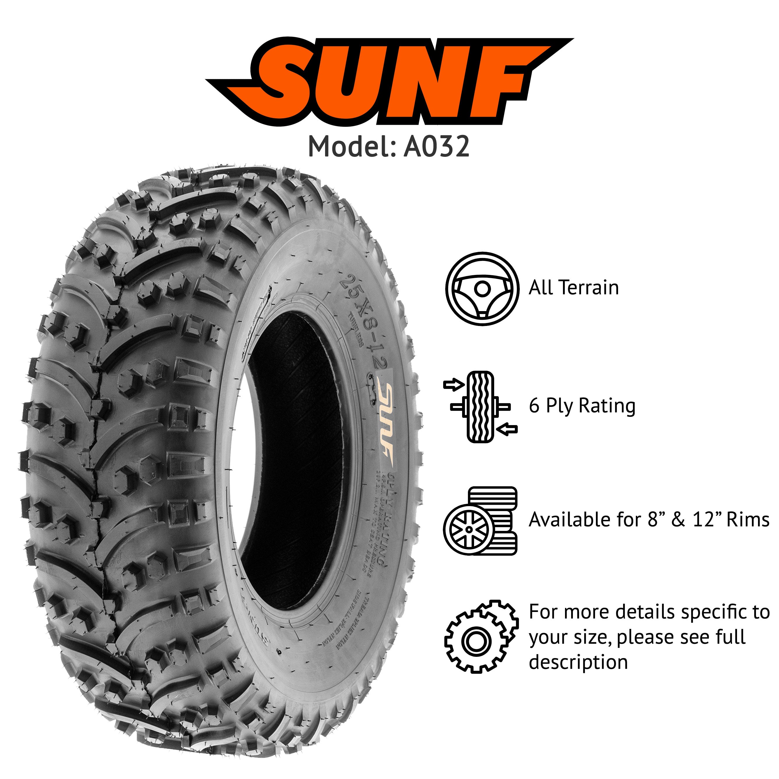 SunF ATV UTV Tires Off-Road A032 25x8-12 25x8x12 6 PR (Pair of 2)