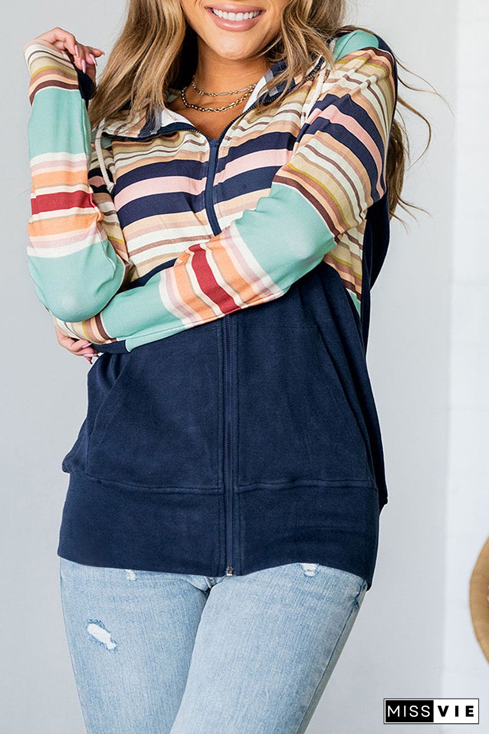 Blue Striped Color Block Thumbhole Sleeve Full Zip Hoodie