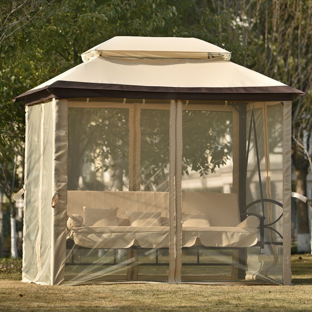 8.9x5.9FT Outdoor Gazebo with Convertible Swing Bench  Double Roof Soft Canopy Garden Backyard Gazebo with Mosquito Netting