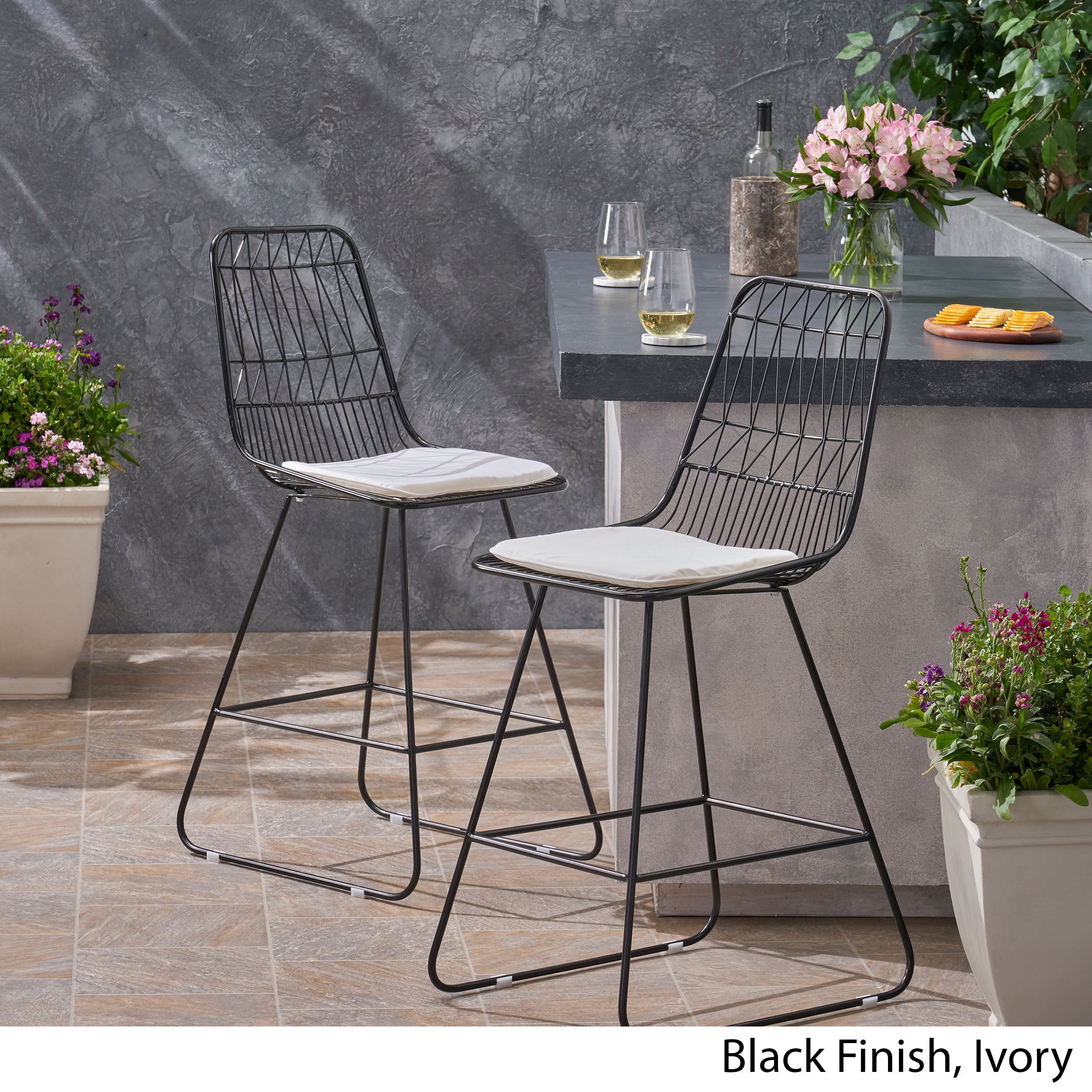 Hedy Outdoor Wire Counter Stools with Cushions (Set of 2)