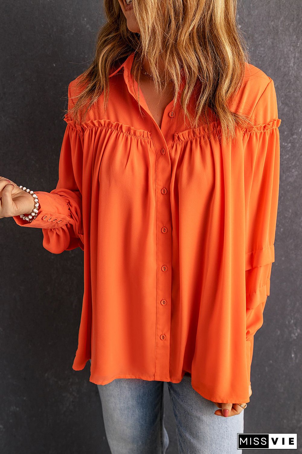 Orange Frill Trim Creasy Puff Sleeve Shirt