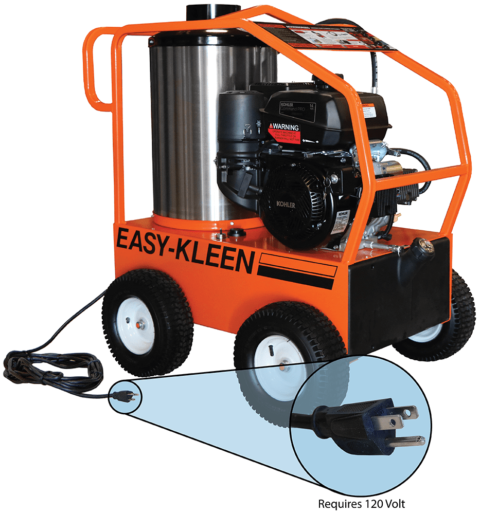 COMMERCIAL HOT WATER GAS PRESSURE WASHER, 14 HP ELECTRIC START KOHLER, 3.5 GPM @ 4000 PSI, GENERAL PUMP, 120 VOLT OIL FIRED BURNER, 350000 BTU