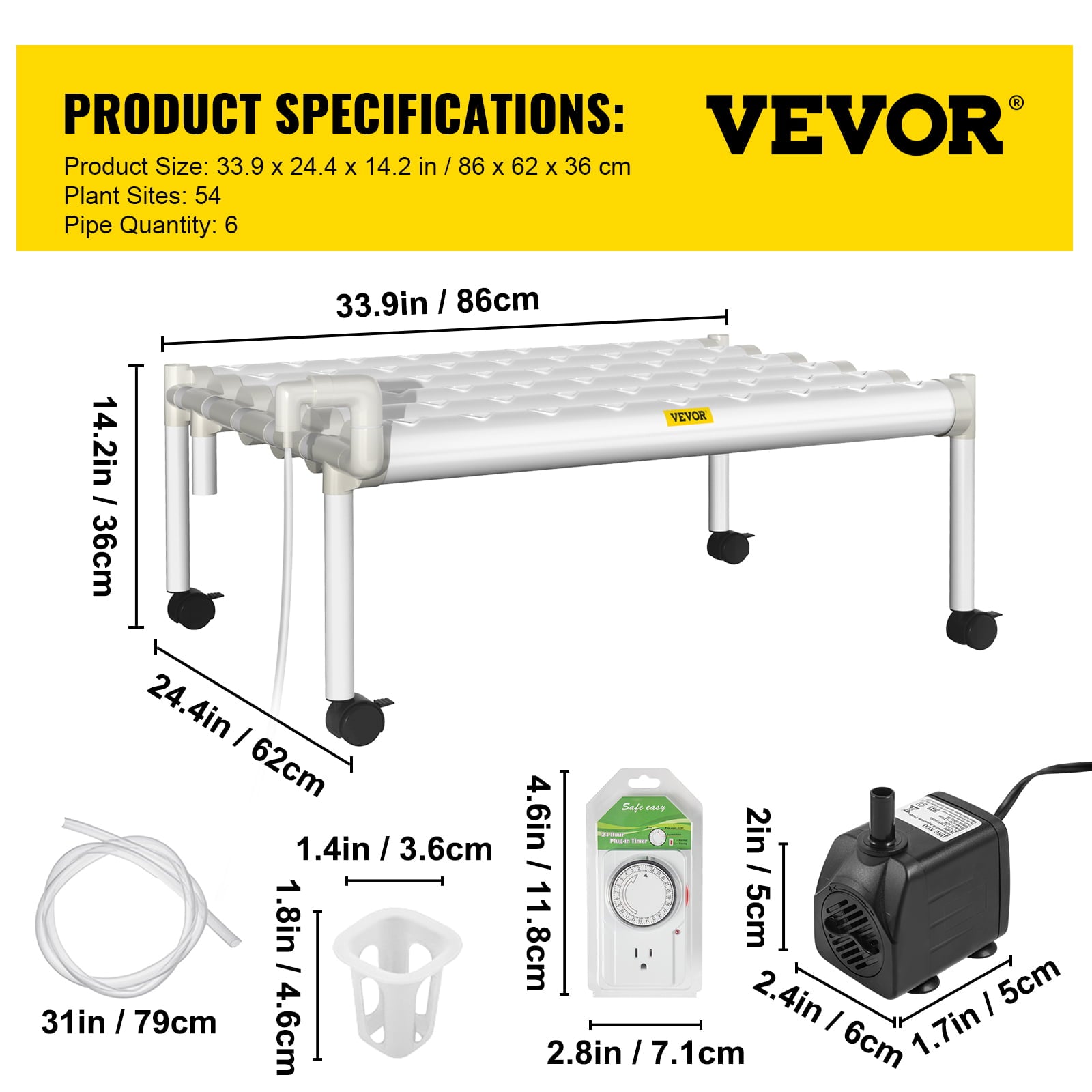 VEVOR Hydroponic Site Grow Kit 1 Layer 54 Plant Sites， 6 PVC Pipes Hydroponic Indoor Plant Growing System， Food-Grade Pipe Plant Grow Kit with Water Pump and Timer