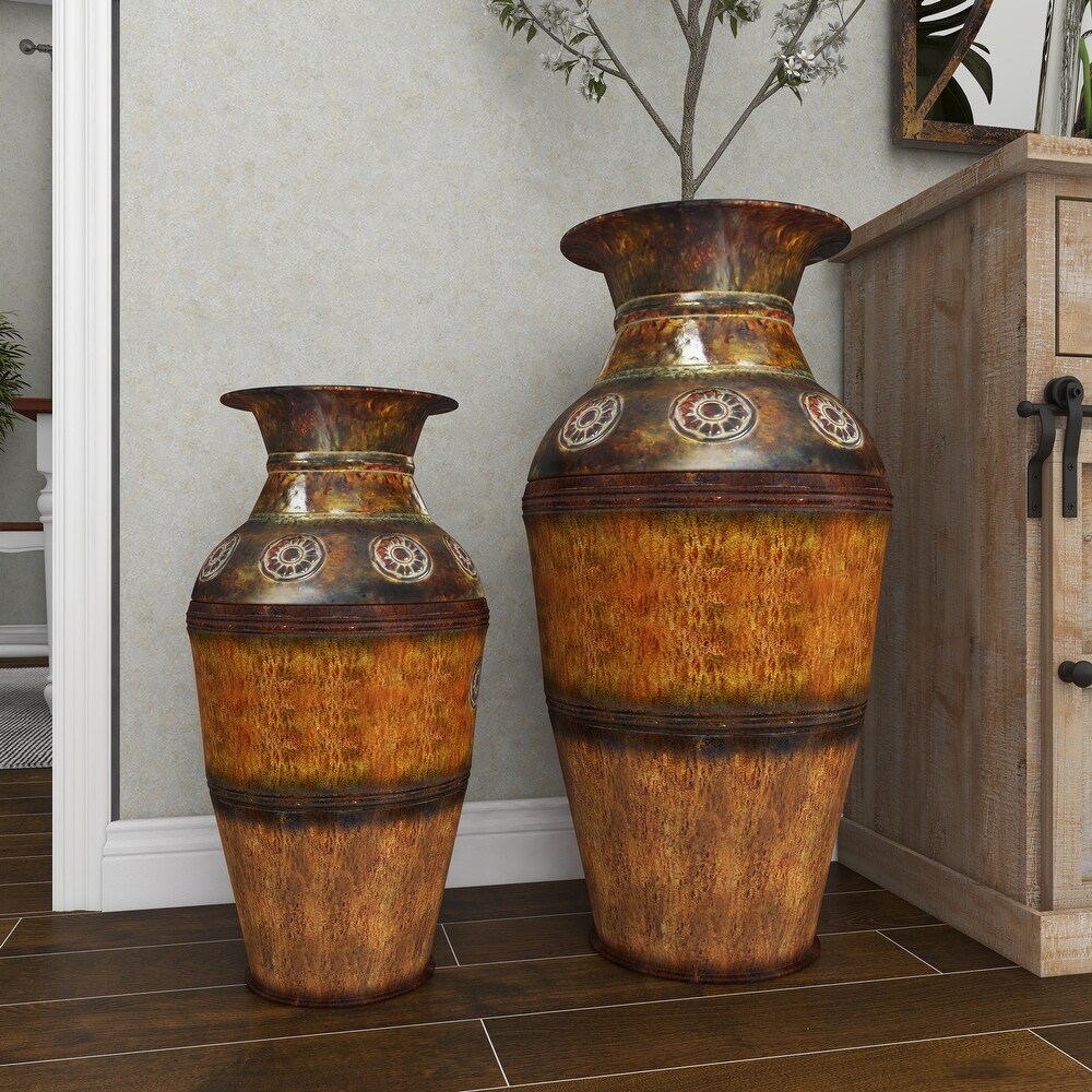 Brown Metal Indoor Outdoor Large Vase with Floral Relief (Set of 2)