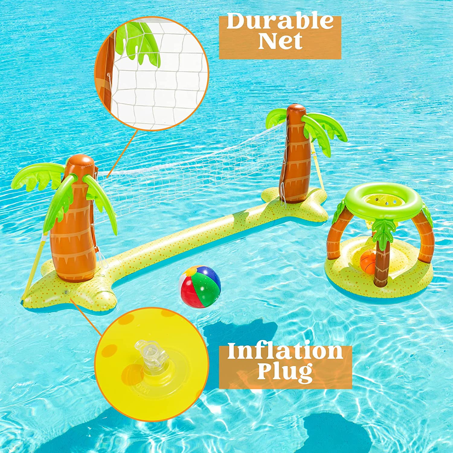 Clearance - Palm Tree Design Pool Volleyball Net & Basketball Hoop with 2 Balls