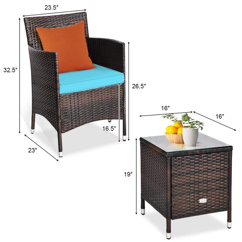 Gymax 3-Pieces Patio Outdoor Rattan Wicker Furniture Set with Coffee Table Turquoise Cushioned Chairs GYM04601