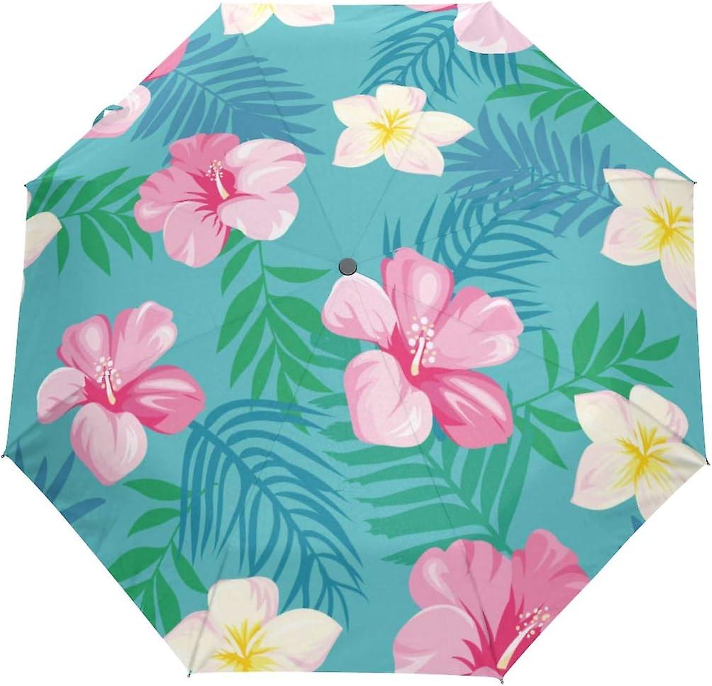 Travel Umbrella Automatic Windproof Foldable Umbrella Tropical Flowers Leaves