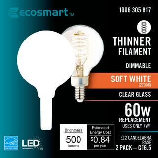 EcoSmart 60-Watt Equivalent G16.5 Dimmable Fine Bendy Filament LED Vintage Edison Light Bulb Soft White (2-Pack) G16.5C7E12827S