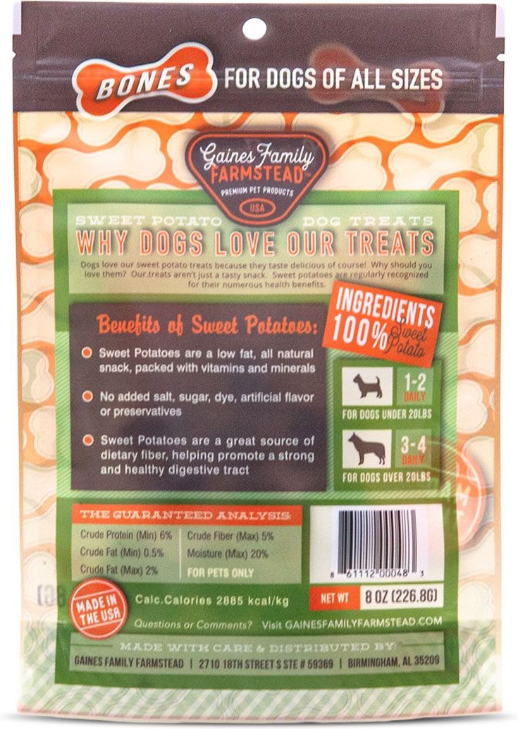 Gaines Family Farmstead Sweet Potato Bones Grain-Free Dog Treats， 8-oz bag