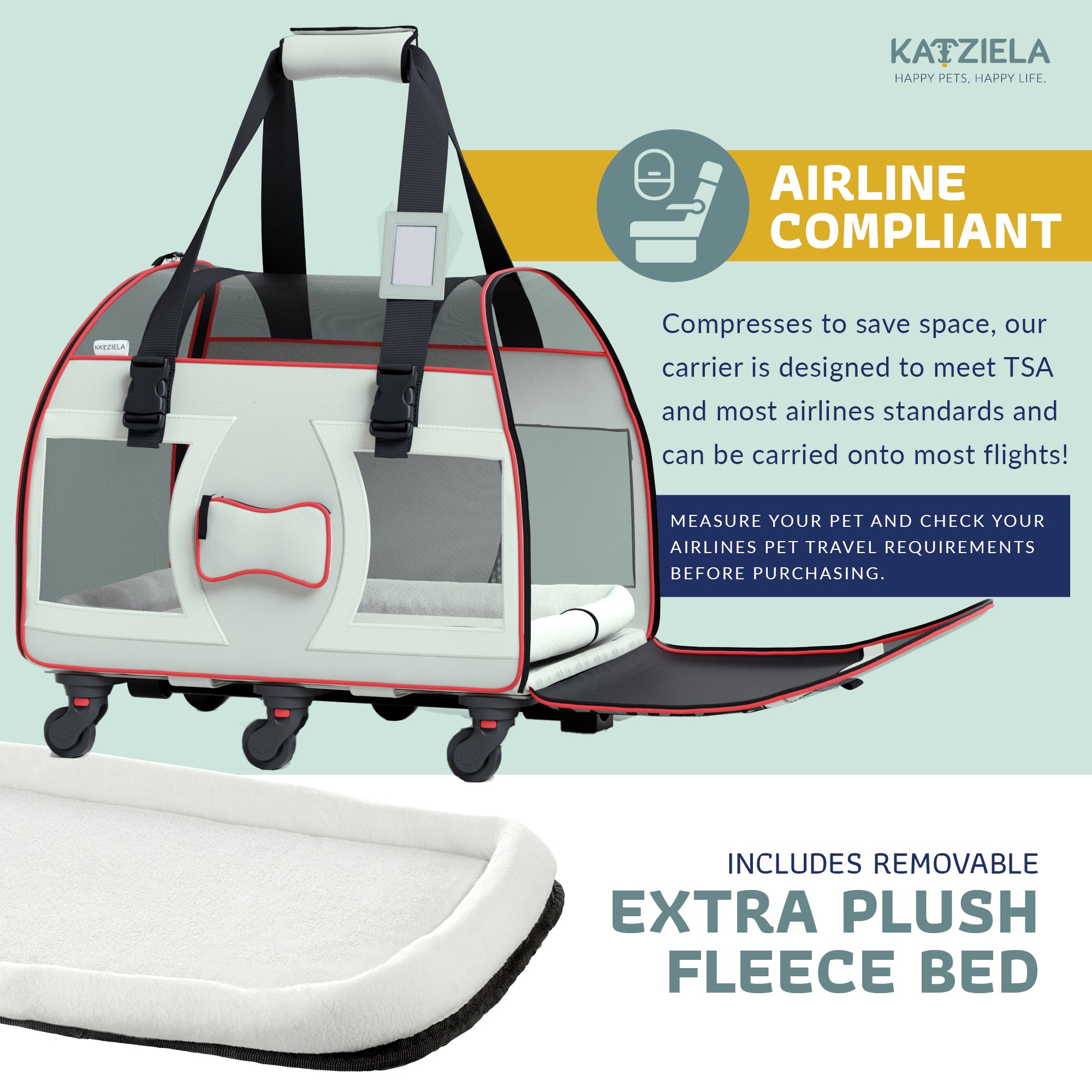 Katziela Bone Cruiser Pet Carrier with Removable Wheels - Telecopic Handle - Airline Approved (Gray)